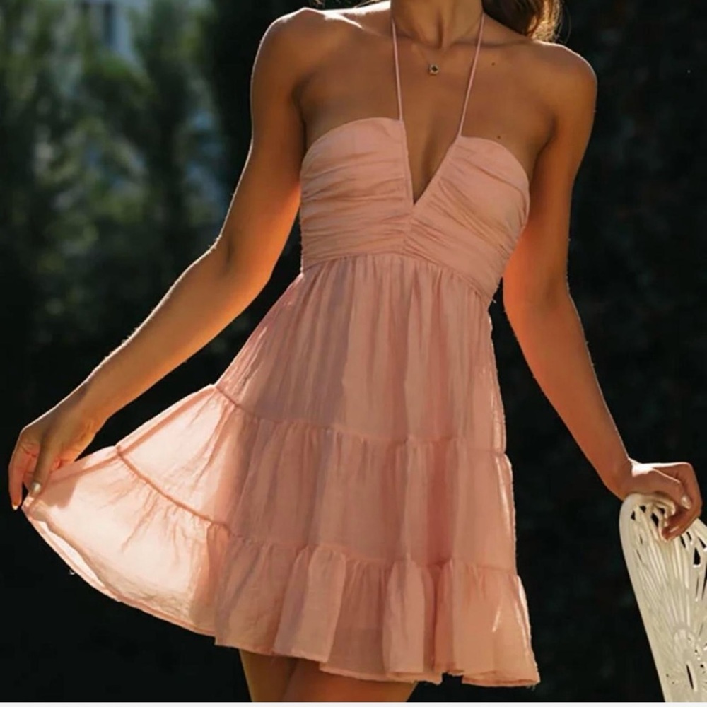 Cherley Size Small Halter Dress Ruched Tiered Ruffle Boho Y2K Summer Beach Date